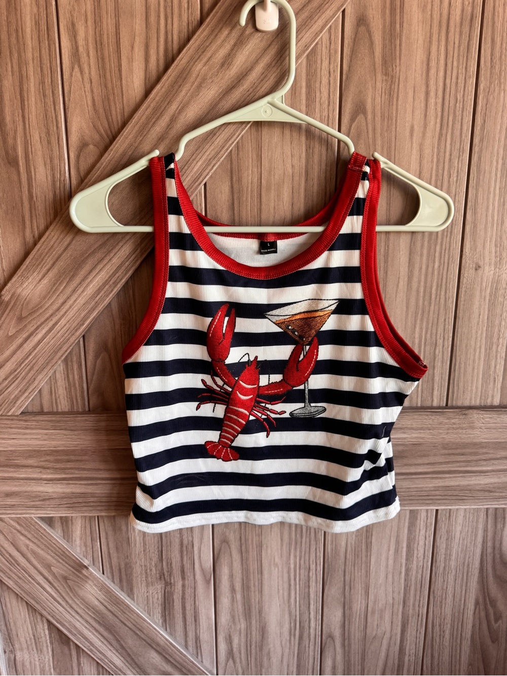 Shein Cropped Striped Tank Top with Red Lobster Applique